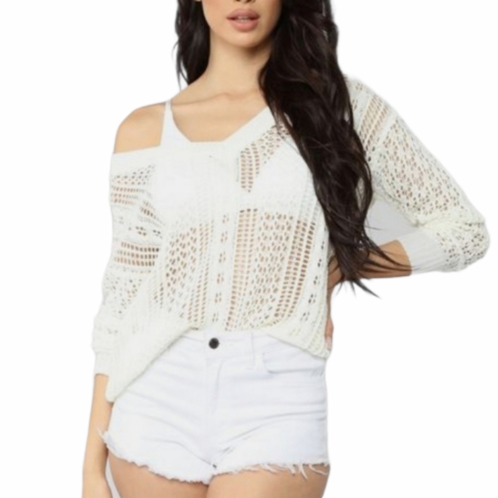 Fashion Nova White Crochet Cold-Shoulder Knit Top